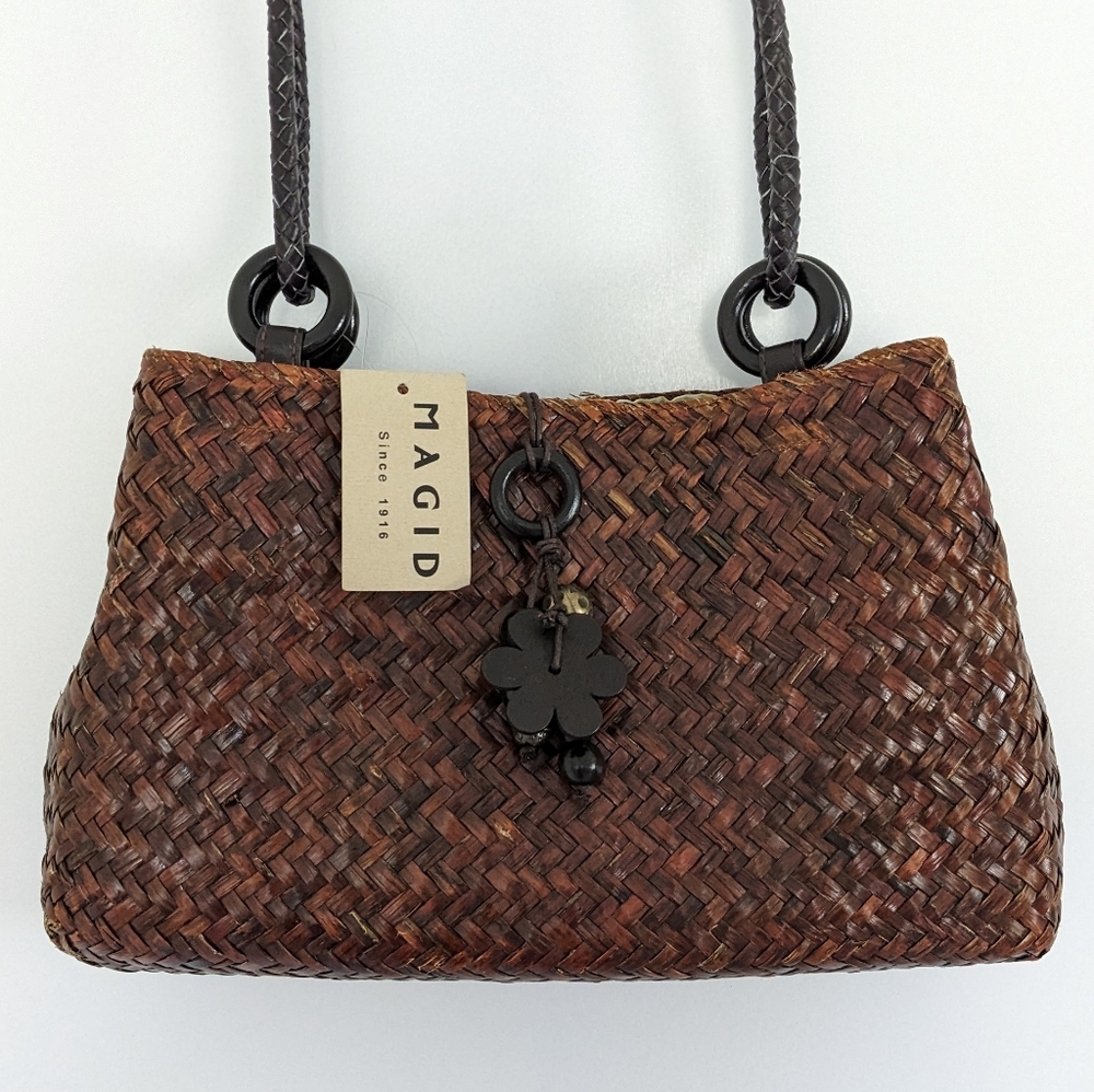 Magid Dark Brown Straw Shoulder Bag with Long Woven Leather Shoulder Straps